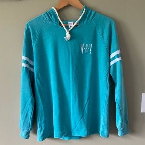 NWOT WRV Women’s Lightweight Hoodie Sweatshirt Turquoise White Drawcord & Pocket